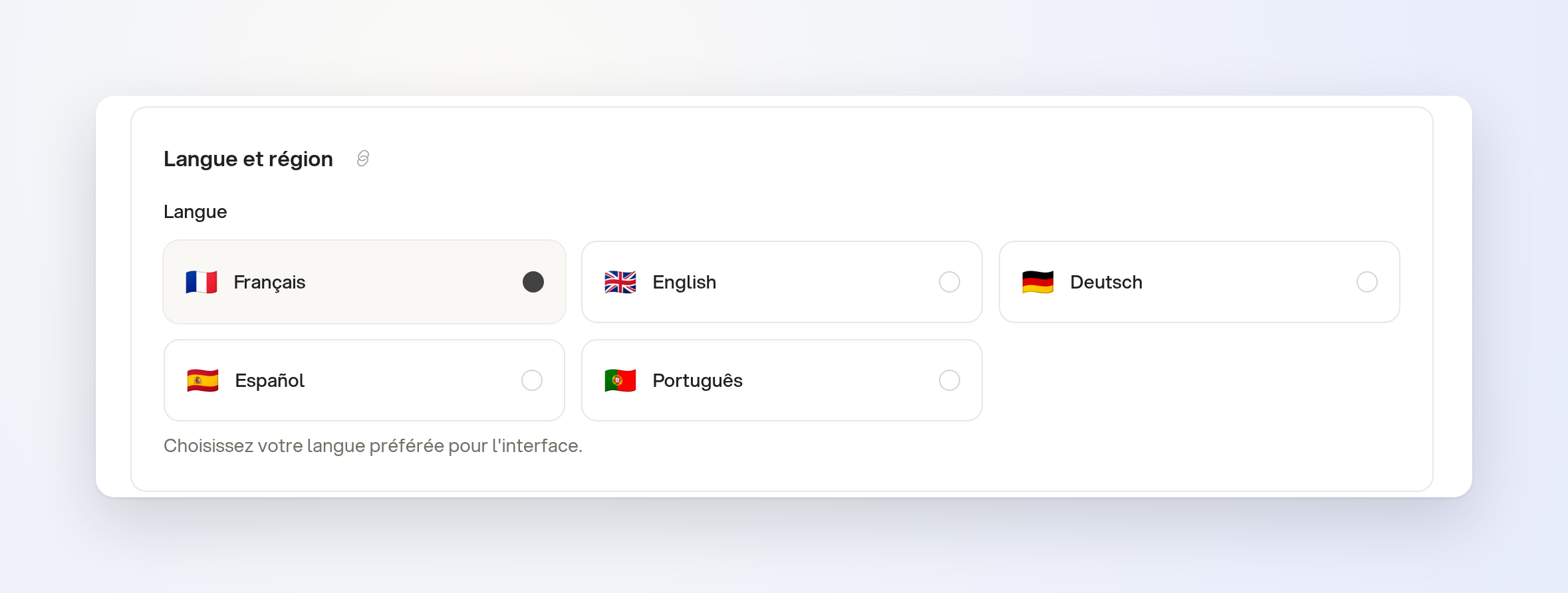 Settings > Preferences > Language & Region with the five available languages