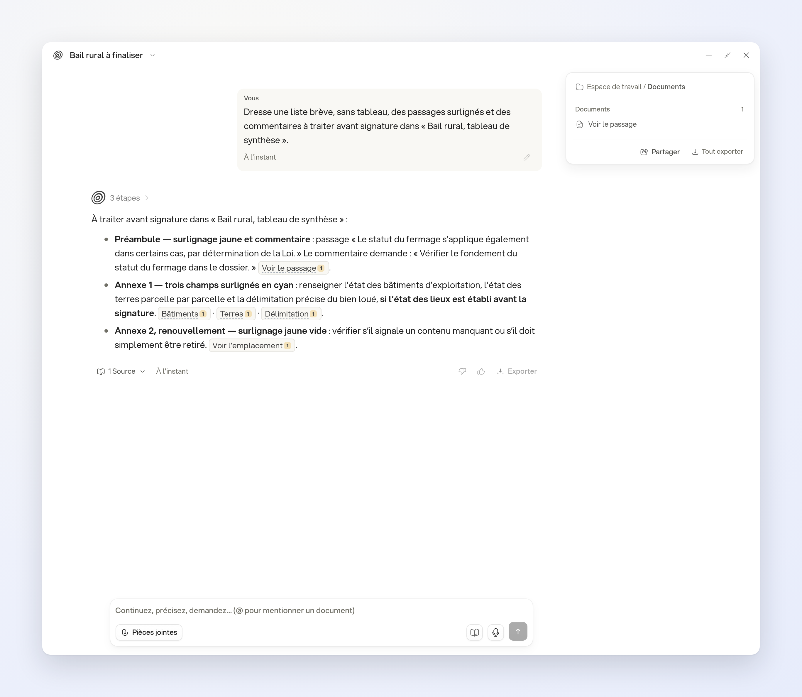 The assistant lists the lease’s highlighted passages and the comment to address before signing