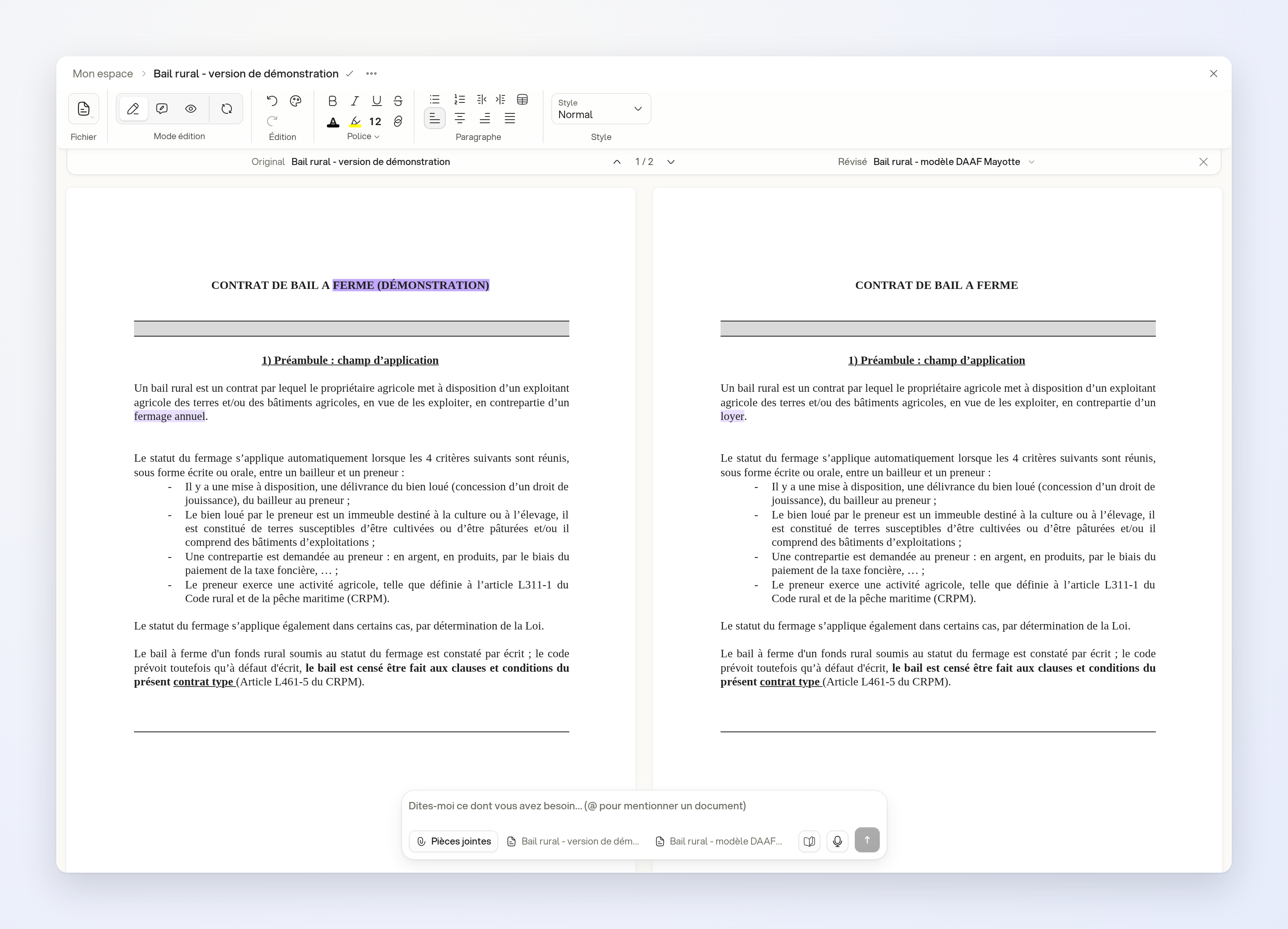 Deux versions d'un bail rural comparées côte à côte, avec les différences du titre surlignées Deux versions d'un bail rural comparées côte à côte, avec les différences du titre surlignées