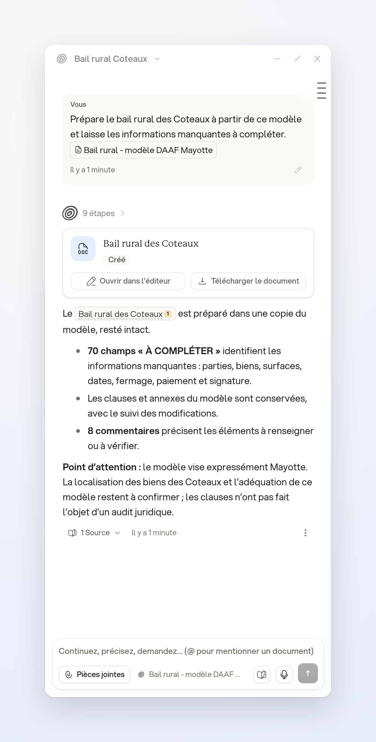 Le modèle Word mentionné dans le message sert à créer une copie du bail rural