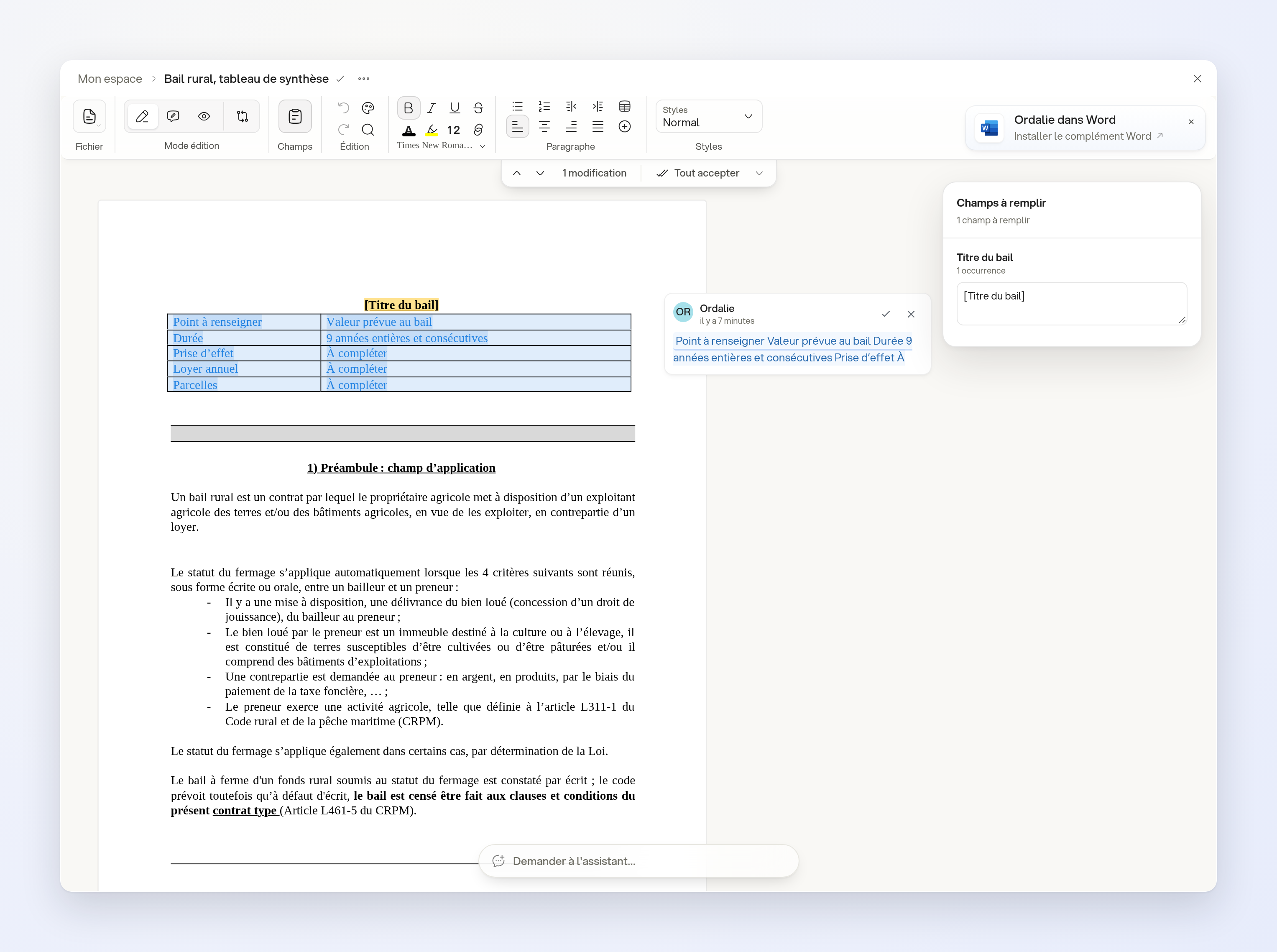 Le tableau de synthèse ajouté au début du modèle public de bail rural