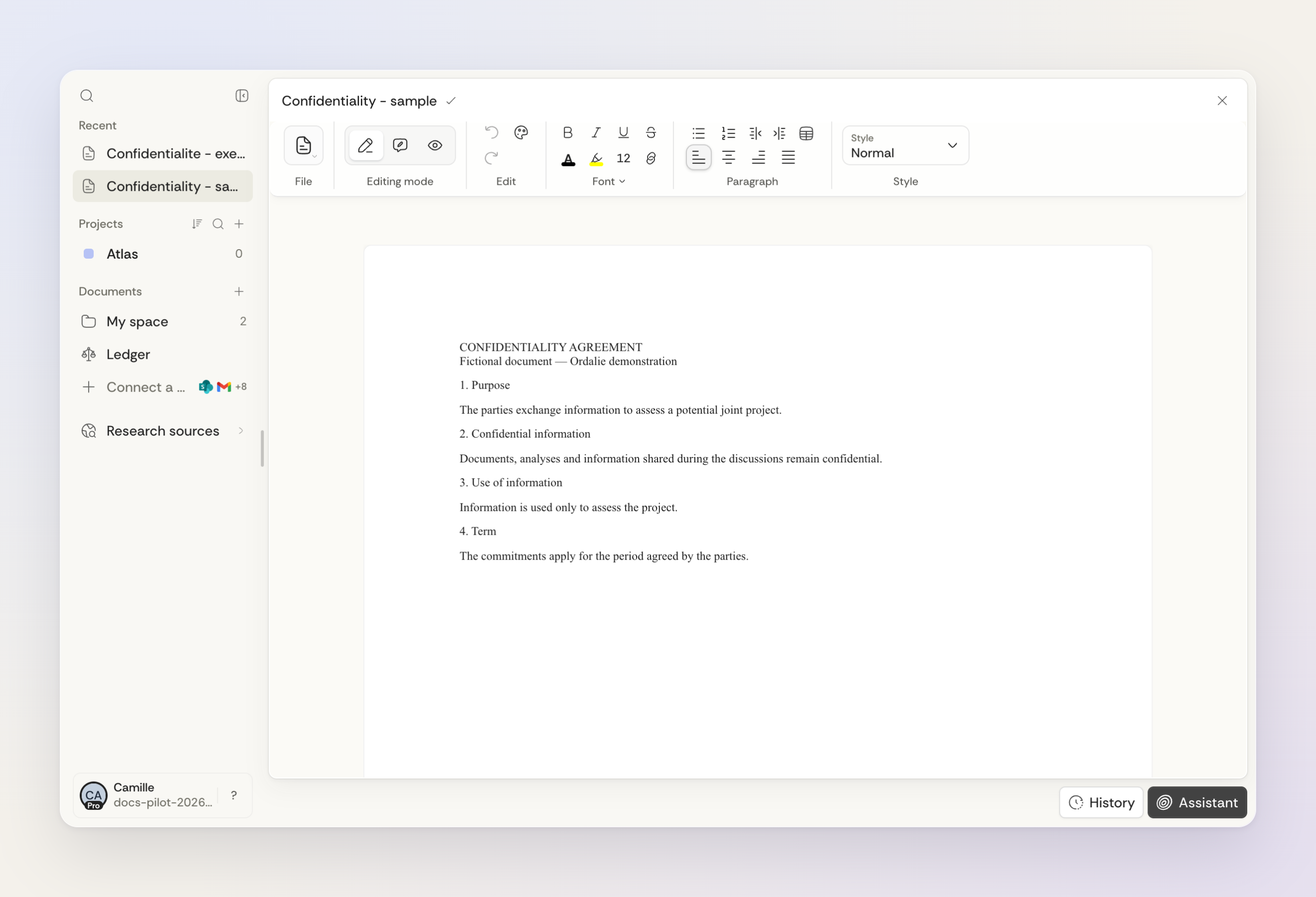 The Ordalie editor with a fictional agreement: formatting and editing modes in the toolbar.