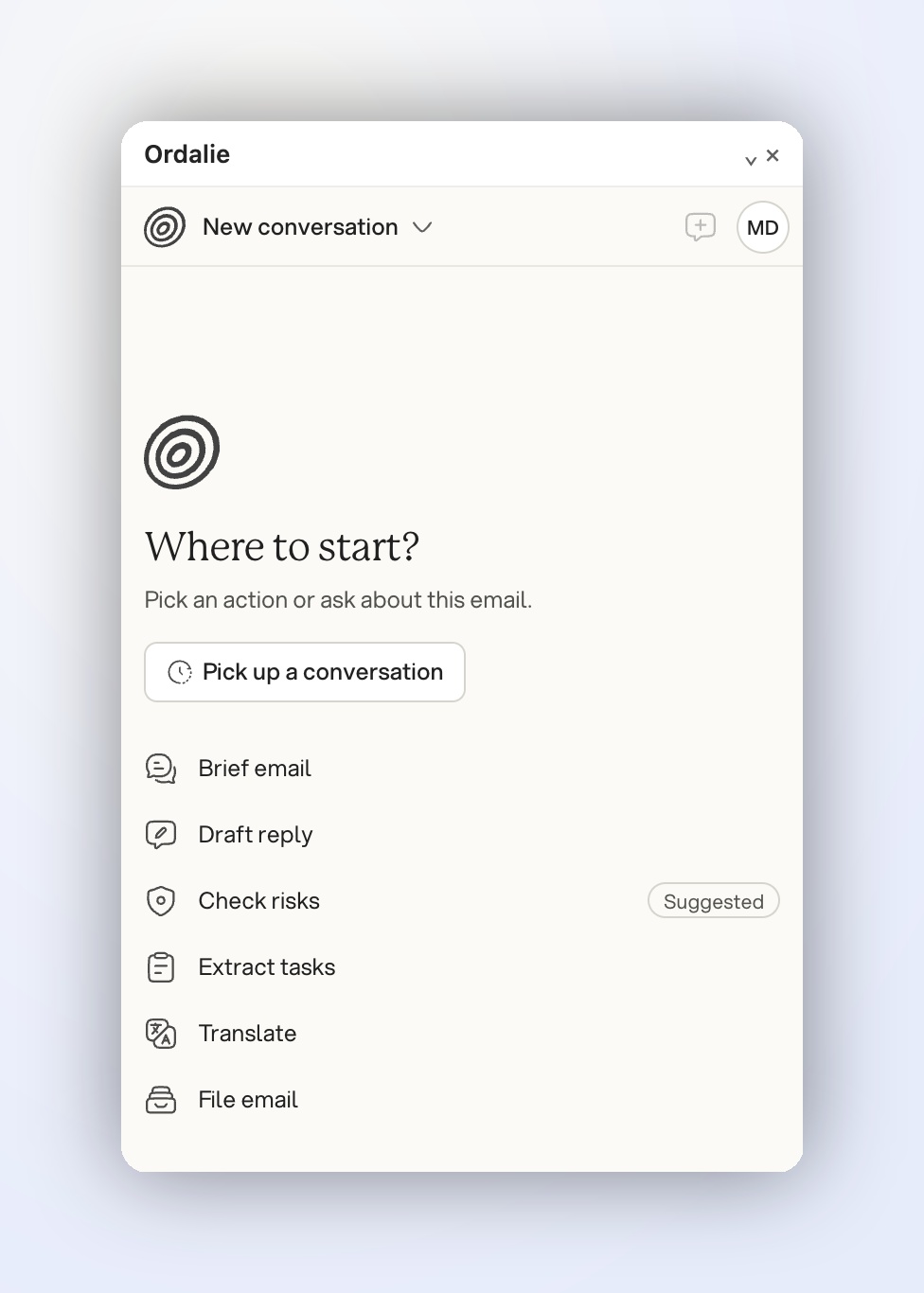 The Ordalie pane in Outlook, with its quick actions