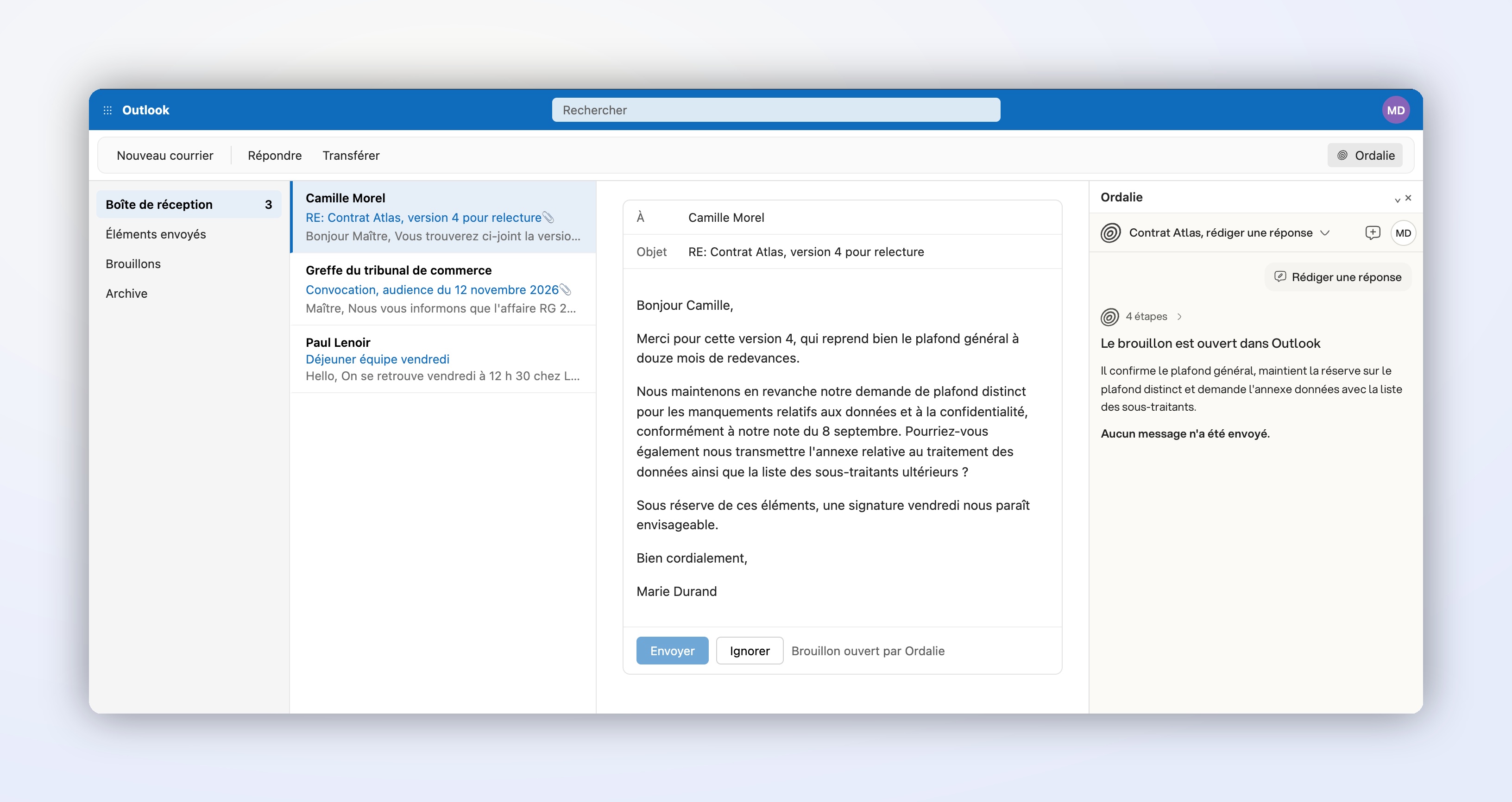Draft reply: the draft opens in Outlook and nothing is sent (example on a French email)