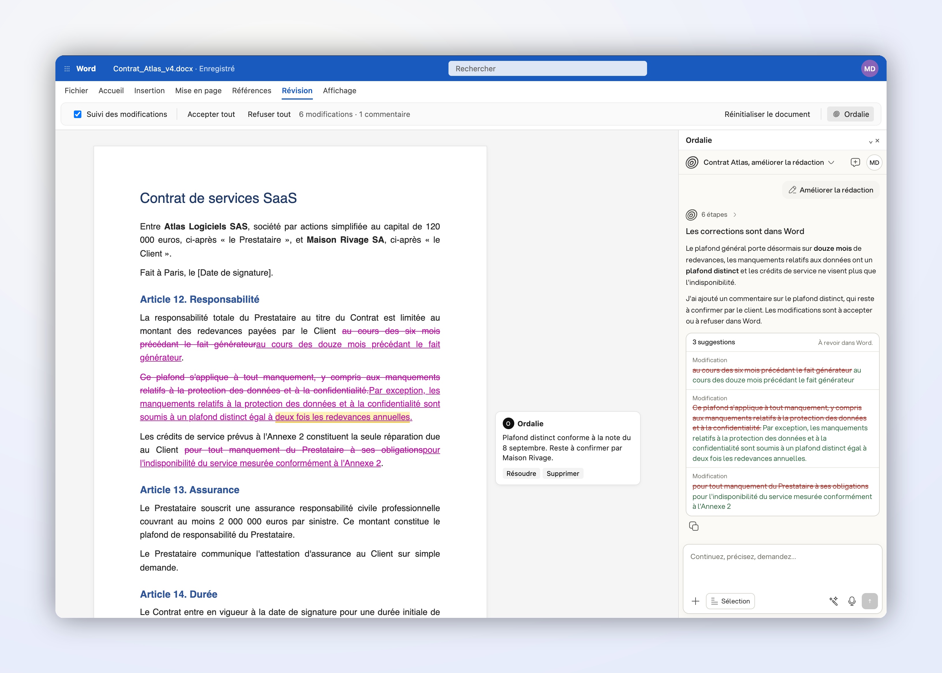 After Improve the wording: tracked changes in the document, a comment, and a summary in the pane (example on a French contract)