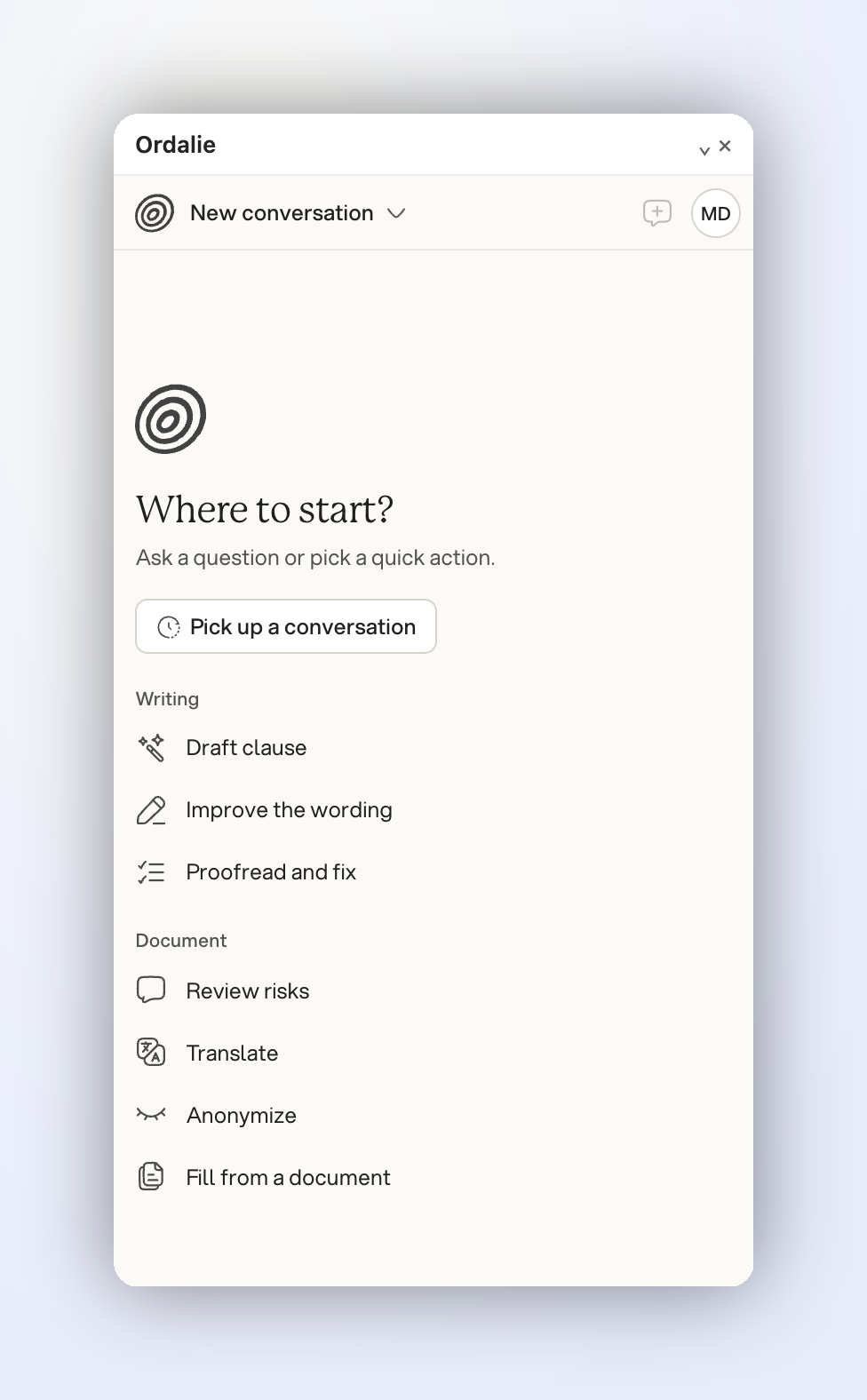 The Ordalie pane in Word, with its quick actions