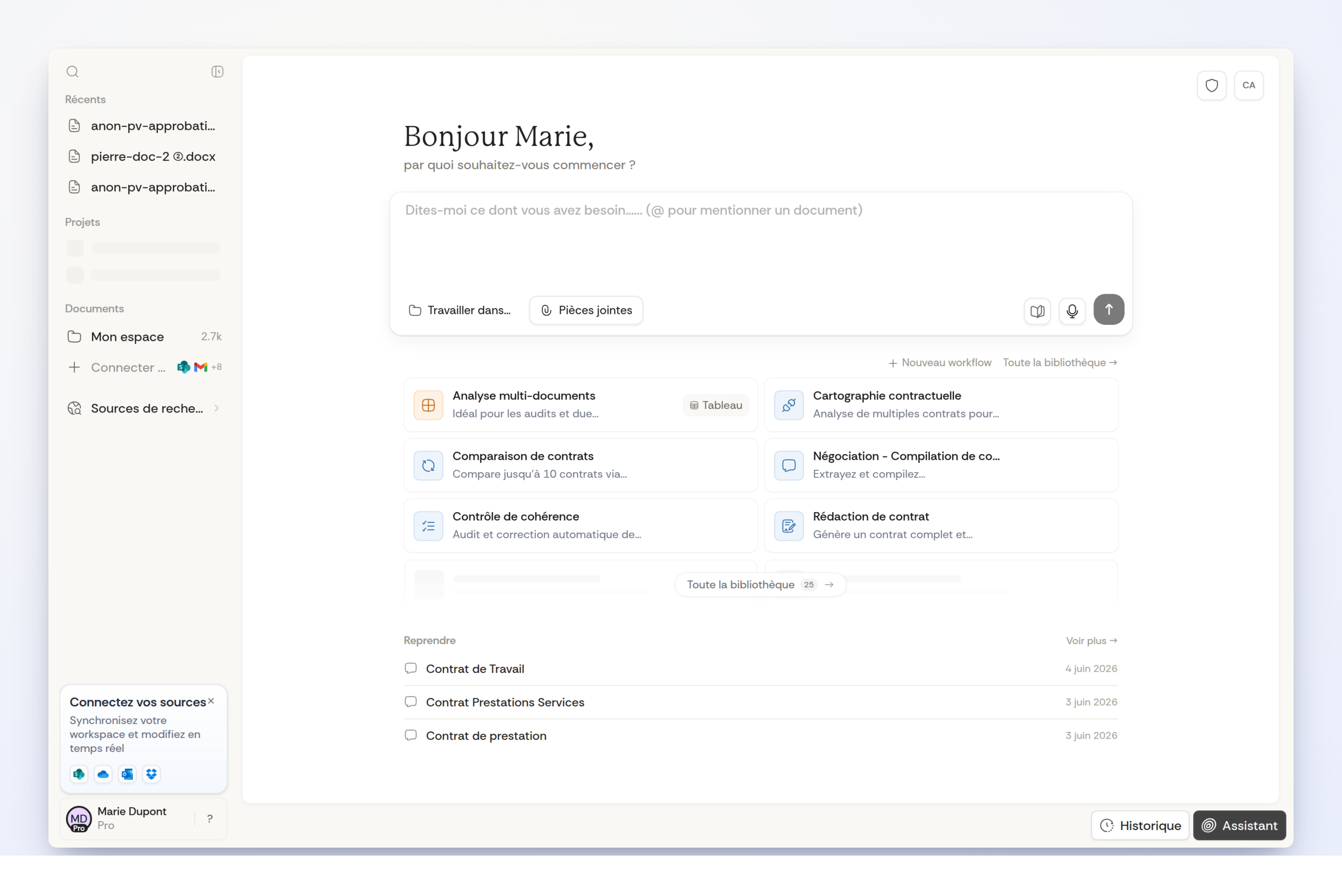 Your workspace — documents, sources, assistant and workflows in one place