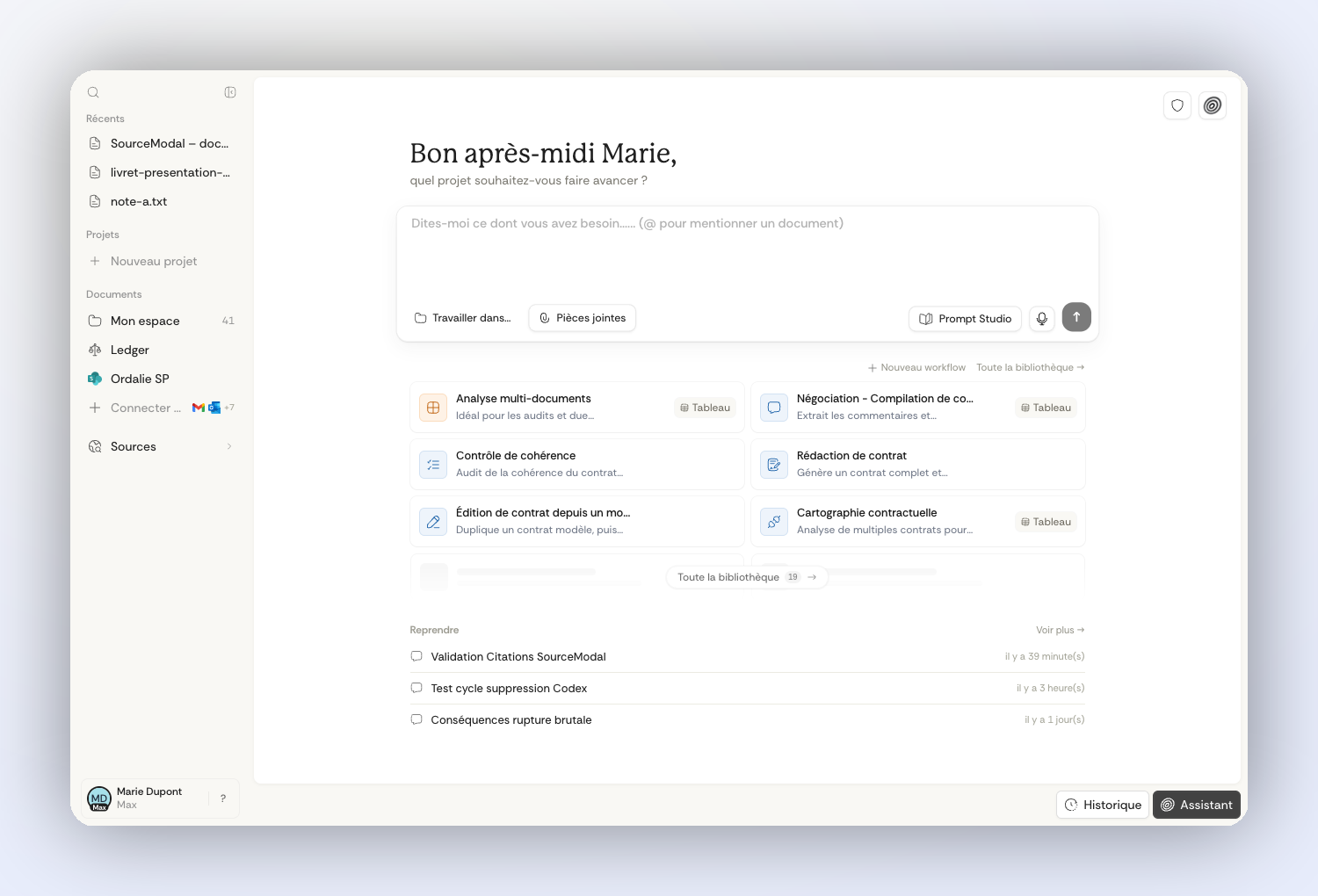 Votre espace de travail : documents, sources, assistant et workflows réunis au même endroit. Votre espace de travail : documents, sources, assistant et workflows réunis au même endroit.