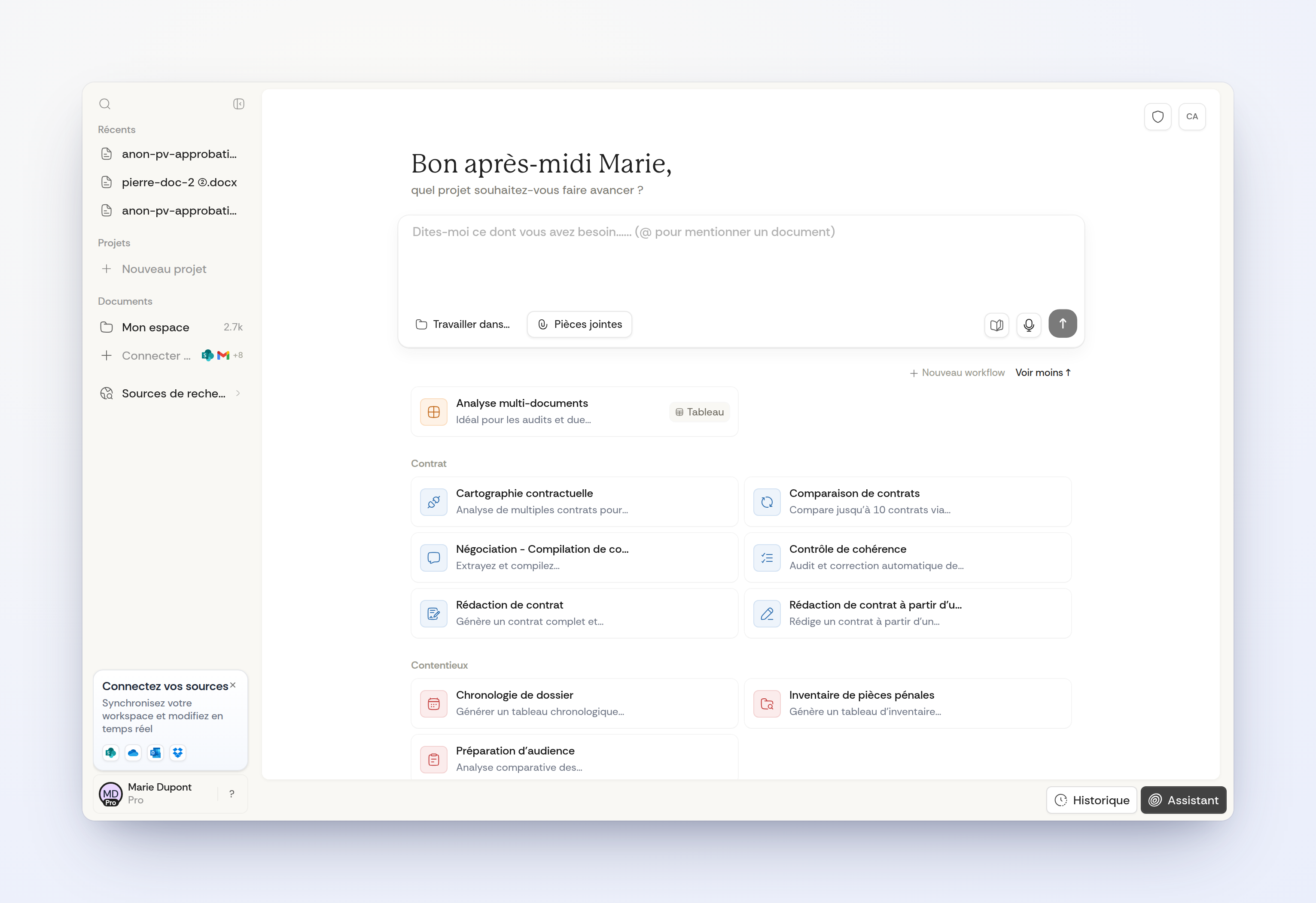Mode Workflows — des outils guidés pour des tâches juridiques bien identifiées