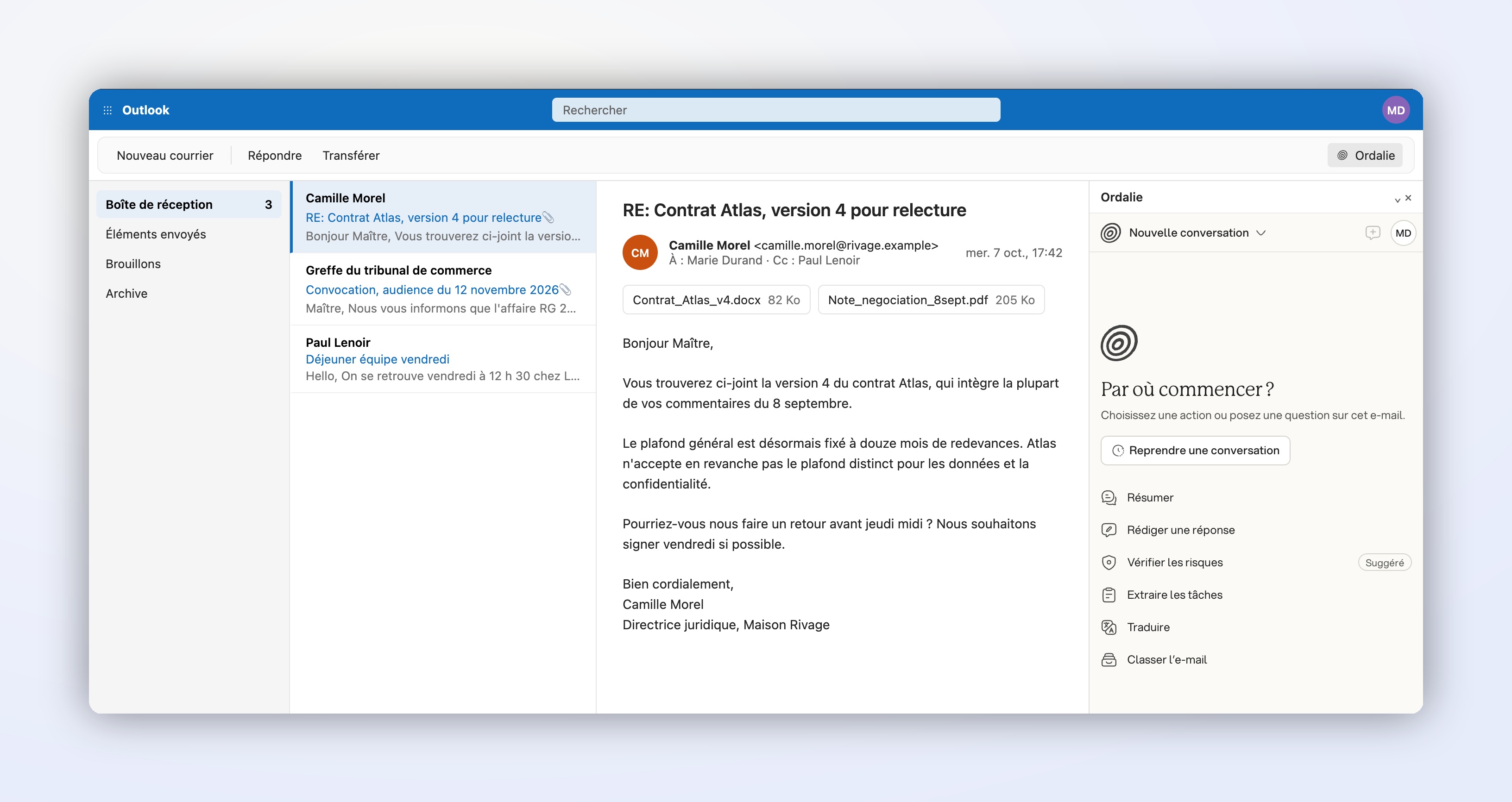 Le volet Ordalie ouvert sur un email dans Outlook, avec ses actions rapides