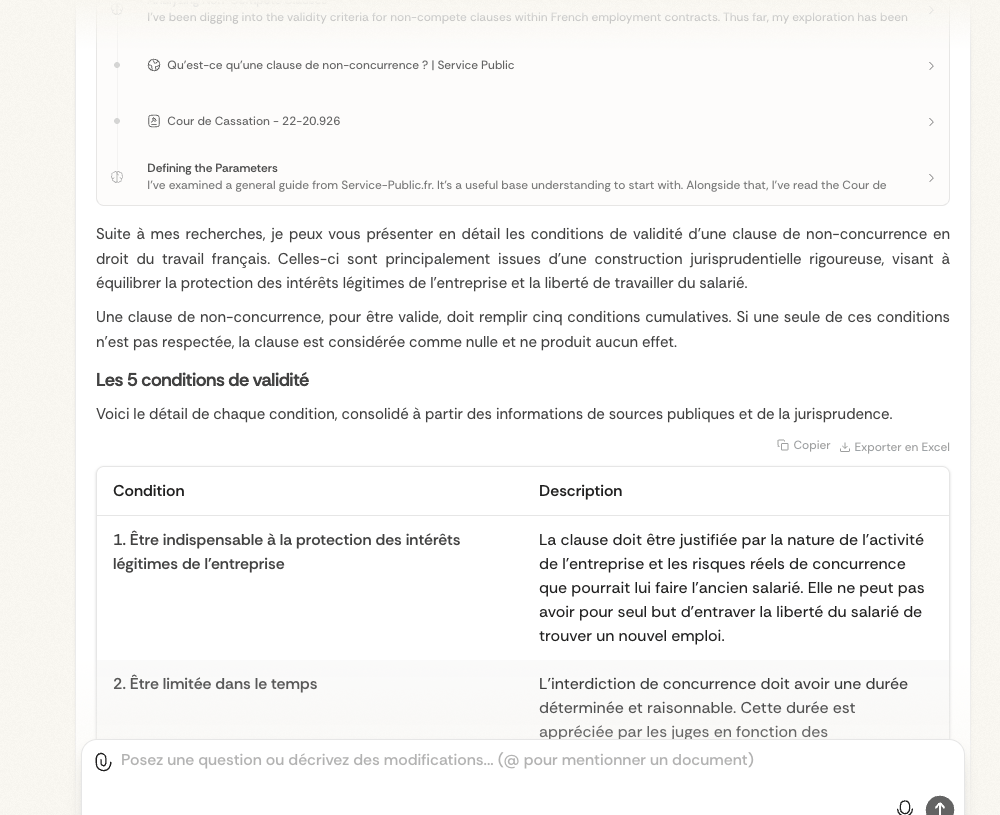 Détail de la réponse avec citations et tableau