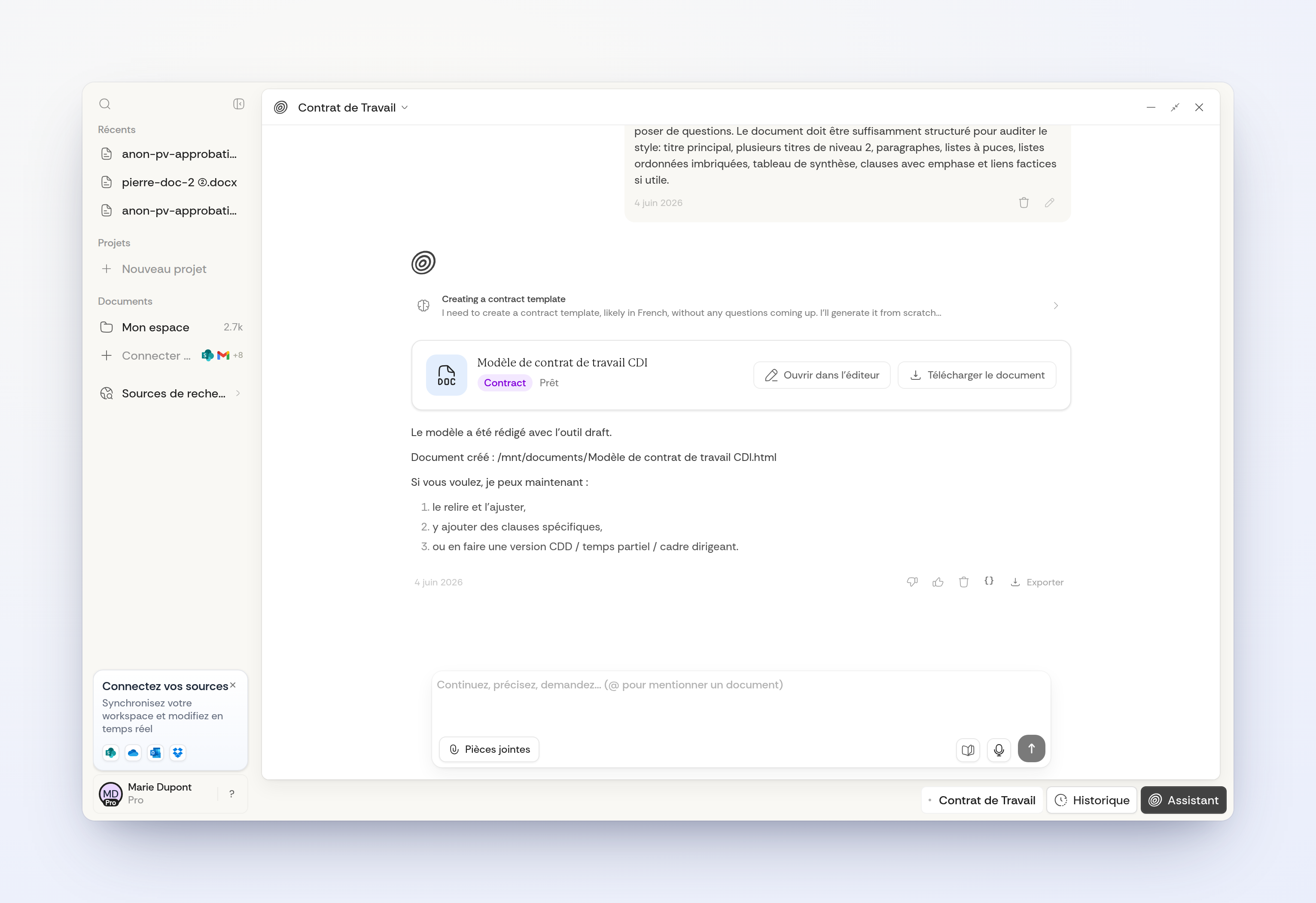 L'assistant répond et produit vos documents